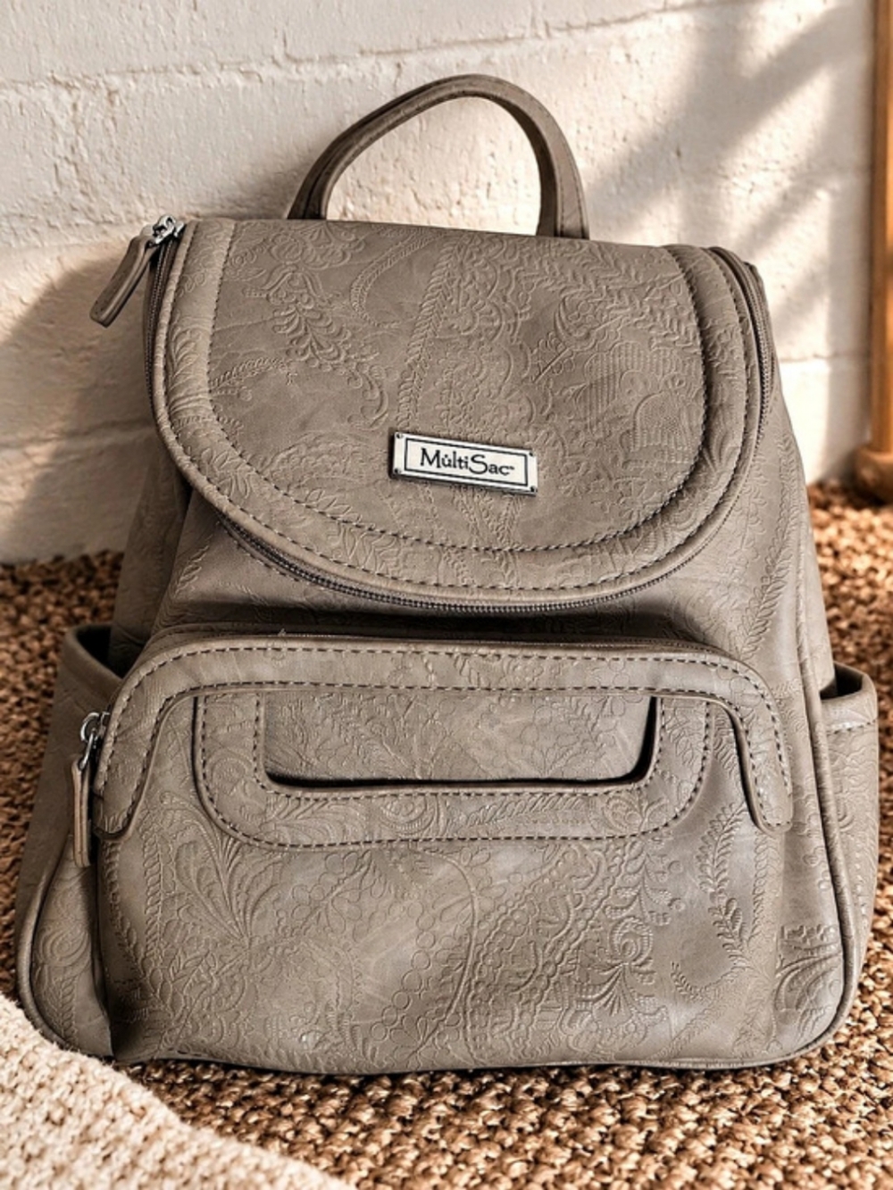 MultiSac Adele Backpack Purse Beige Taupe Embossed Paisley Floral Organizer Bag
